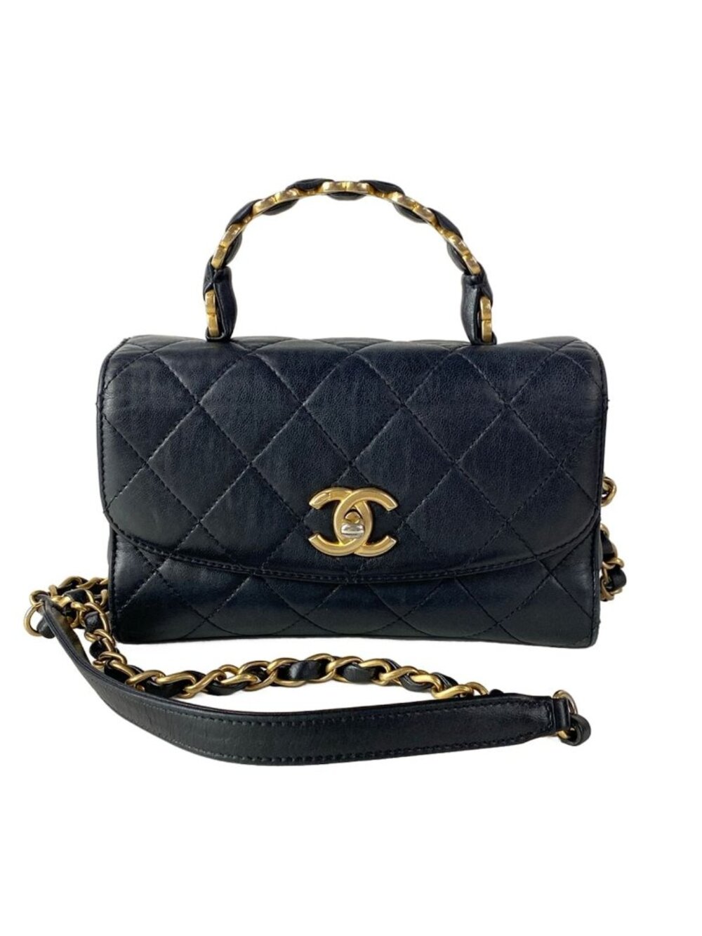 Chanel Shoulder Bag Top Handle Mini Flap Quilted Black Matt Togo 2-Way Lambskin